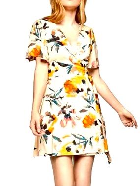 BCBGeneration Cream Floral Wrap Mini Dress with Yellow & Pink Accents